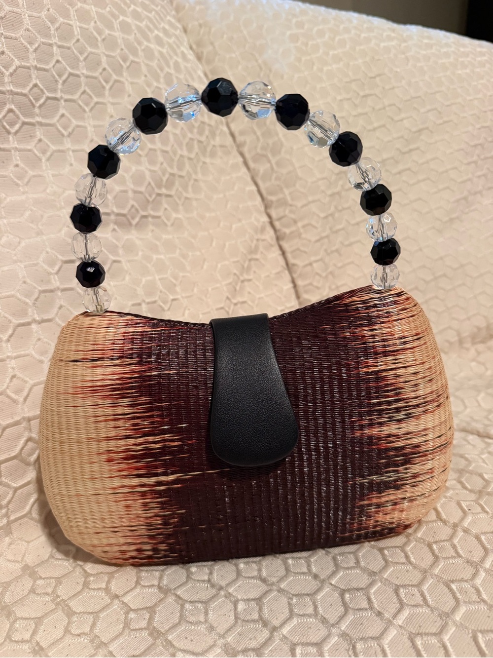 Woven Ombre Brown and Cream Mini Handbag with Beaded Handle